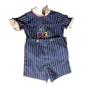 Vintage Navy Blue Striped Shirt &‎ Shorts Size 3T with XYZ Blocks Jayne Copeland